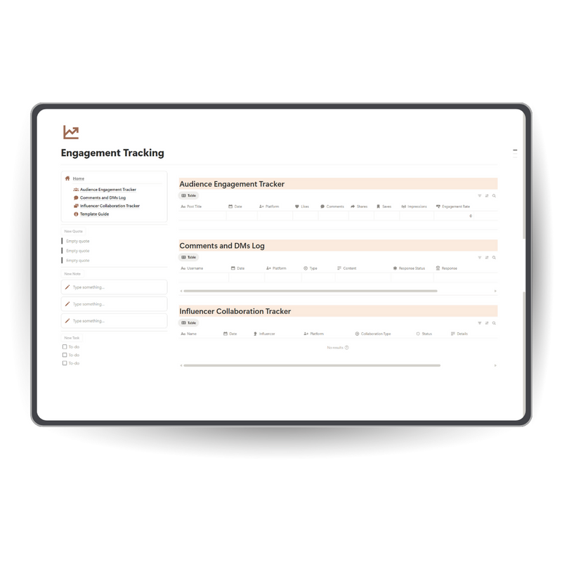 Dashboard interface for engagement tracking with a focus on audience engagement, comments, and influencer collaboration. notion template