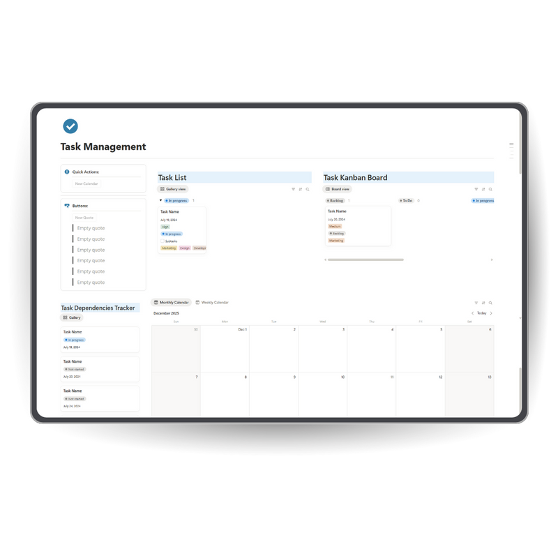Task management software interface on a tablet screen notion template
