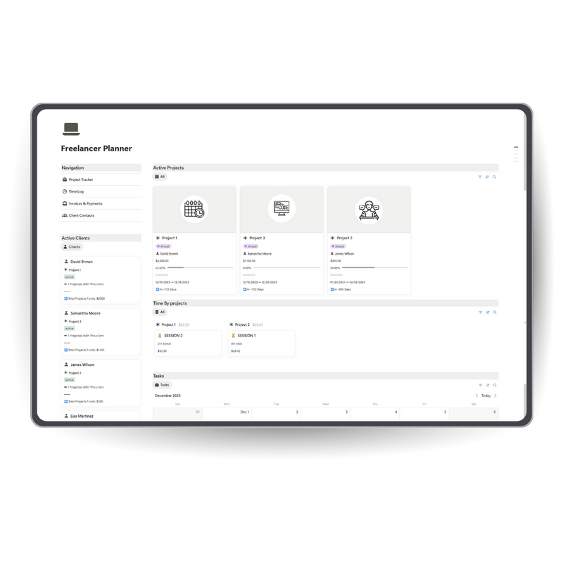 Freelancer Planner application interface on a tablet screen notion template