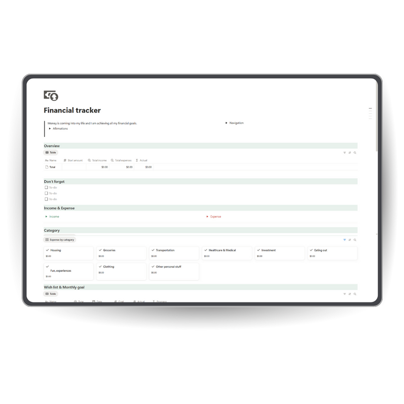 Financial tracker app interface on a white background notion template