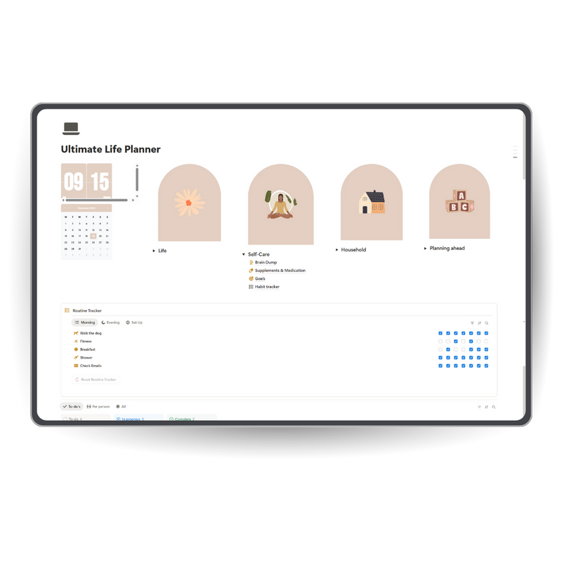 Digital interface of an 'Ultimate Life Planner' on a tablet screen with icons and text. notion template