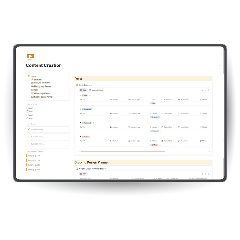 Digital planner app interface on a tablet screen with 'Content Creation' and 'Graphic Design Planner' sections. notion template