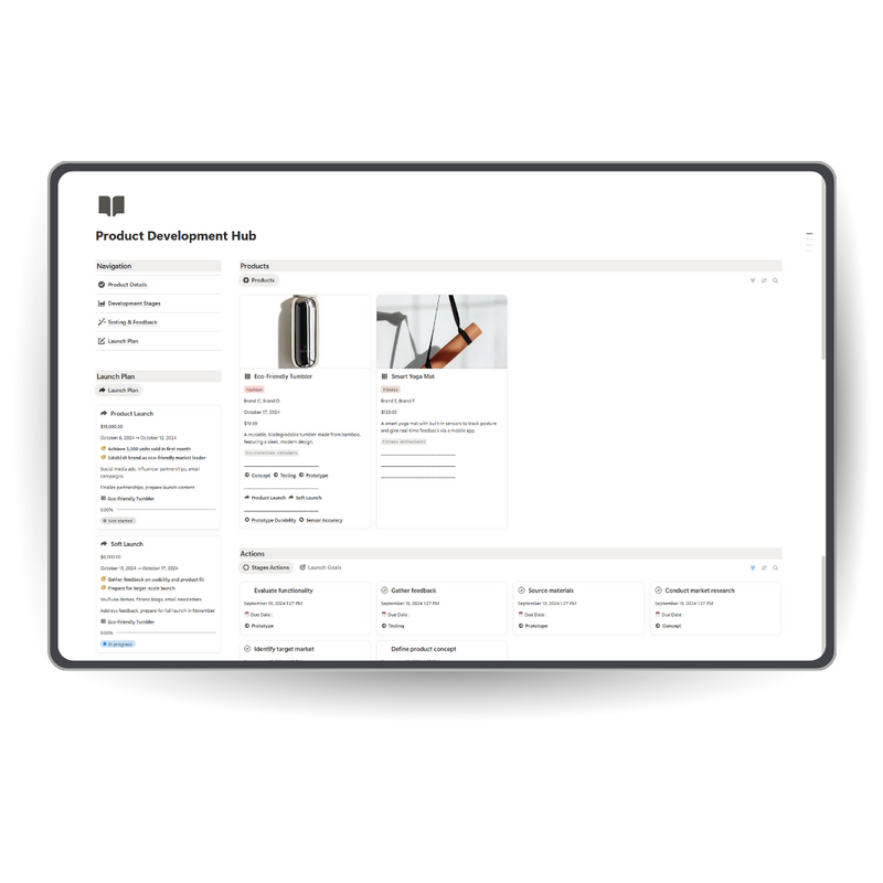 Product Development Hub interface on a tablet screen notion template