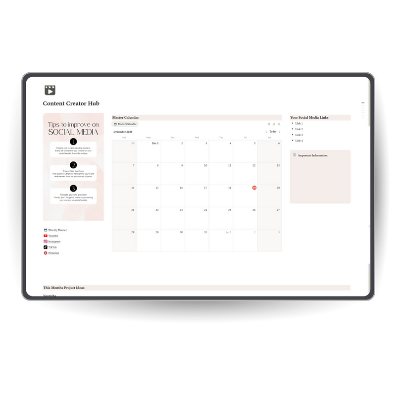 Digital content creation hub with calendar and social media tools on a tablet screen. notion template